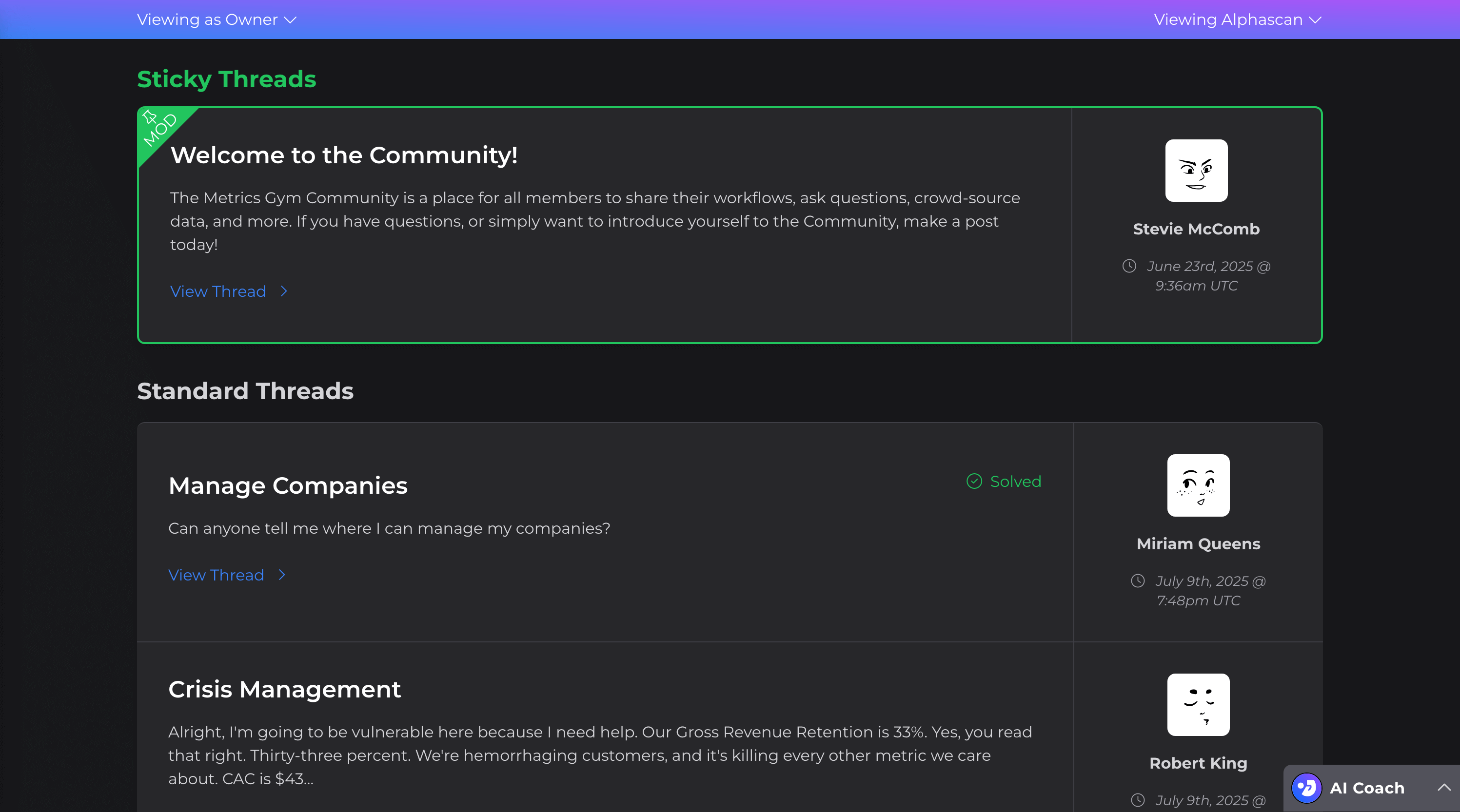 Screen of the Metrics Gym application showing the main page of the Metrics Gym Community