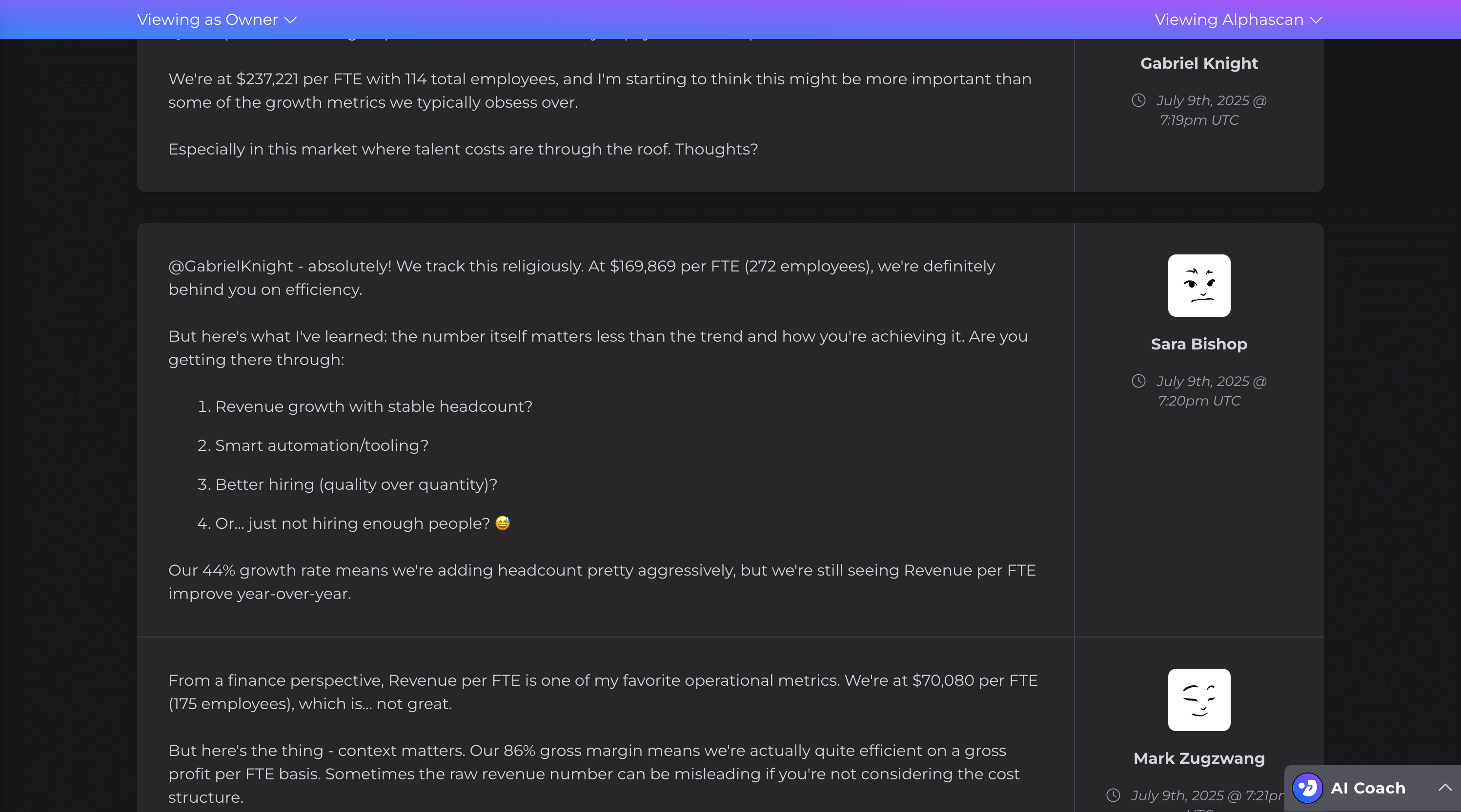 Screen of the Metrics Gym application showing a thread in the Metrics Gym Community