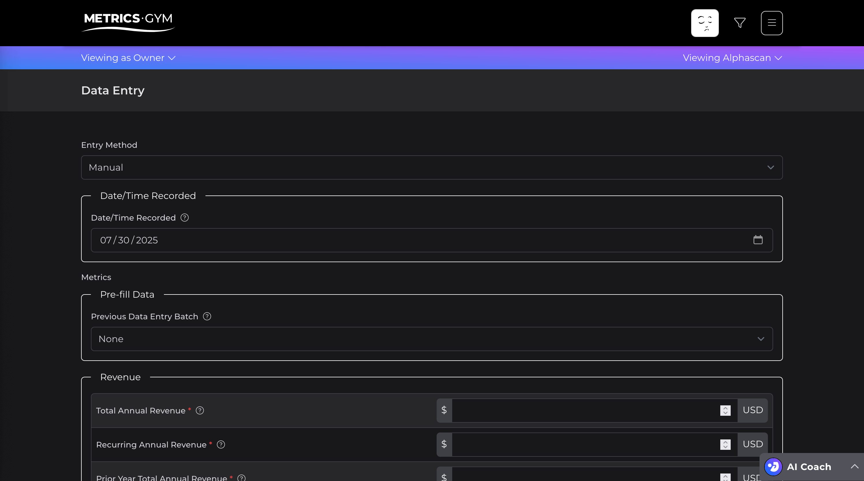 Screen of the Metrics Gym application showing the Data Entry feature