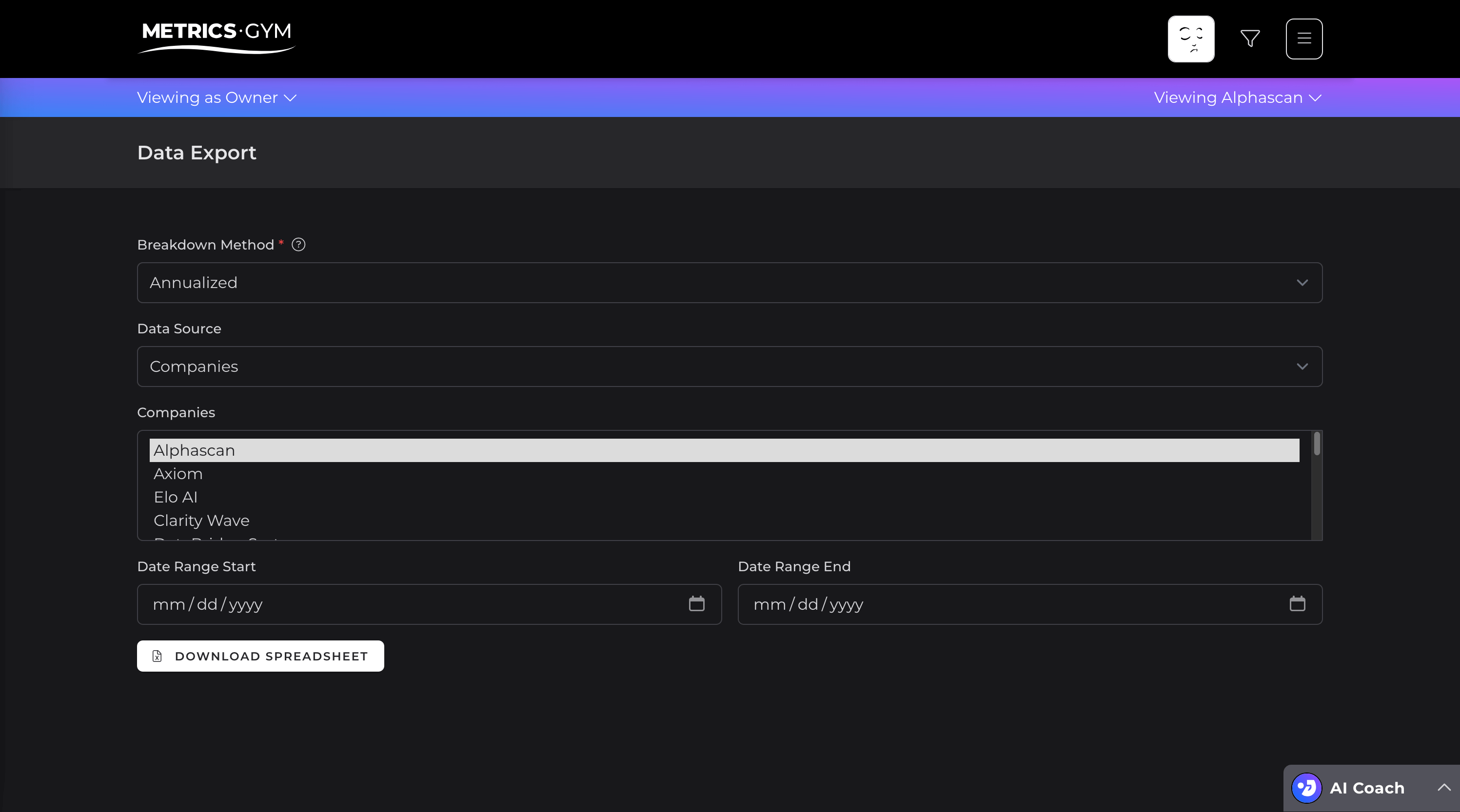 Screen of the Metrics Gym application showing the Data Export feature