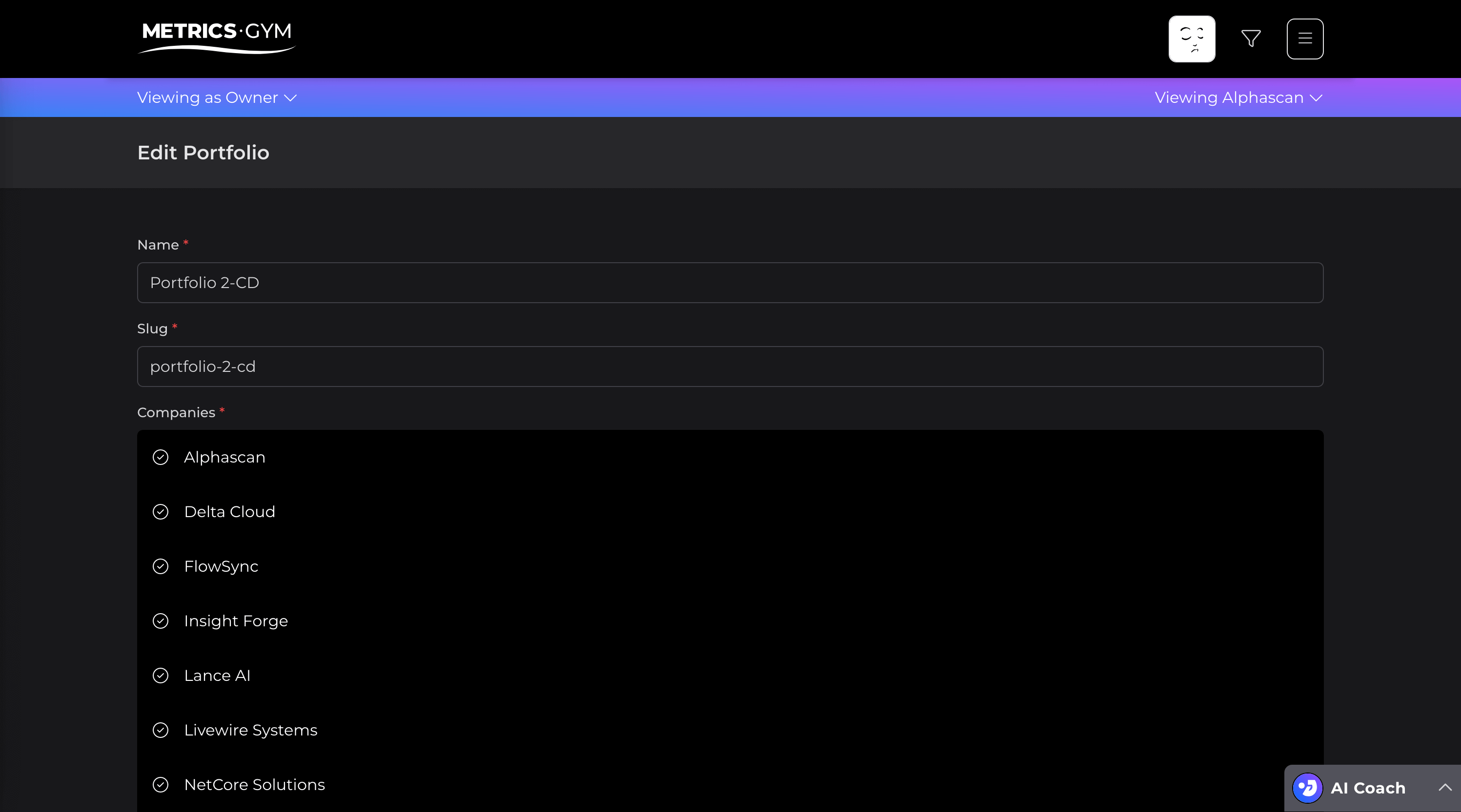 Screen of the Metrics Gym application showing the Edit Portfolio page