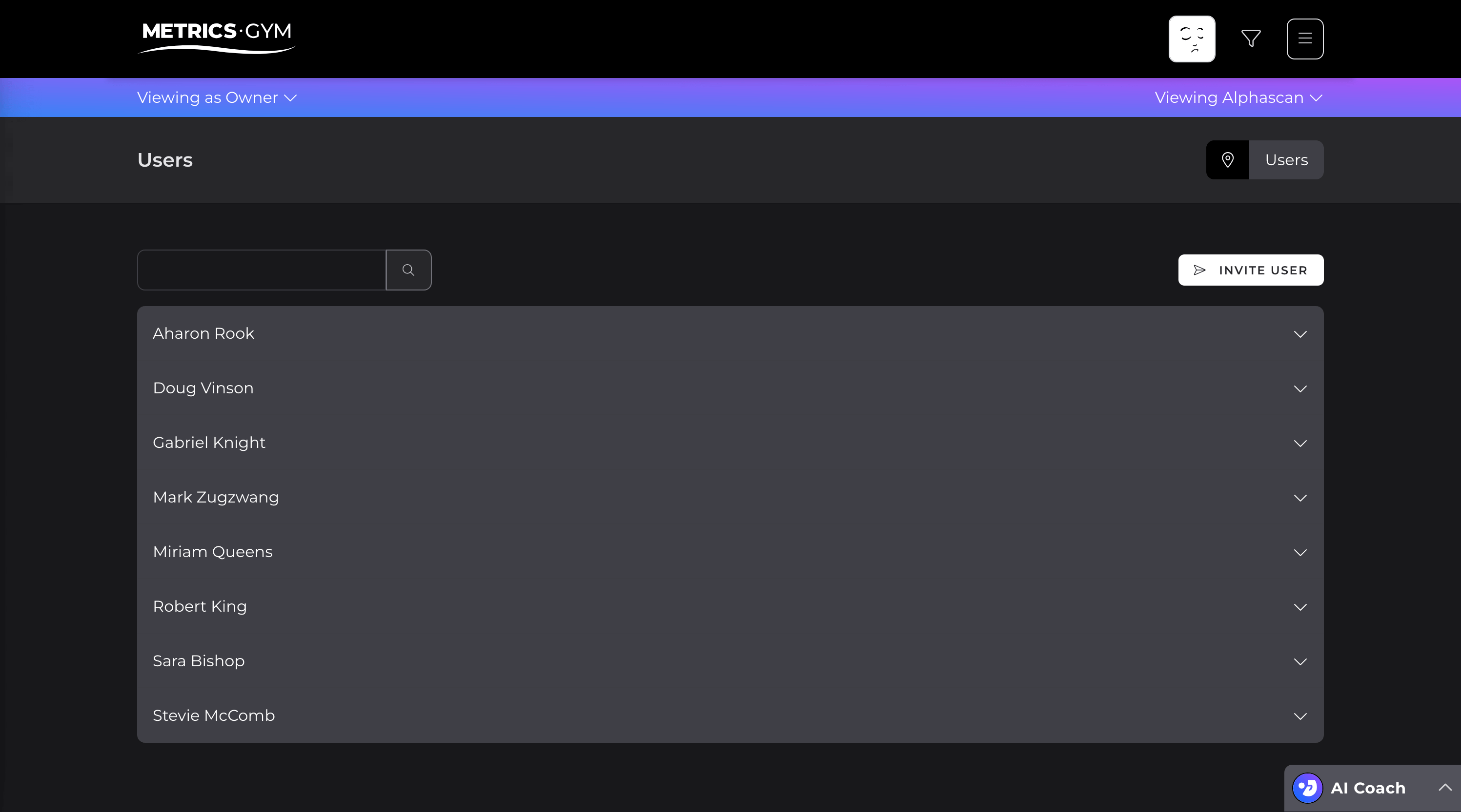 Screen of the Metrics Gym application showing the User page with a list of users
