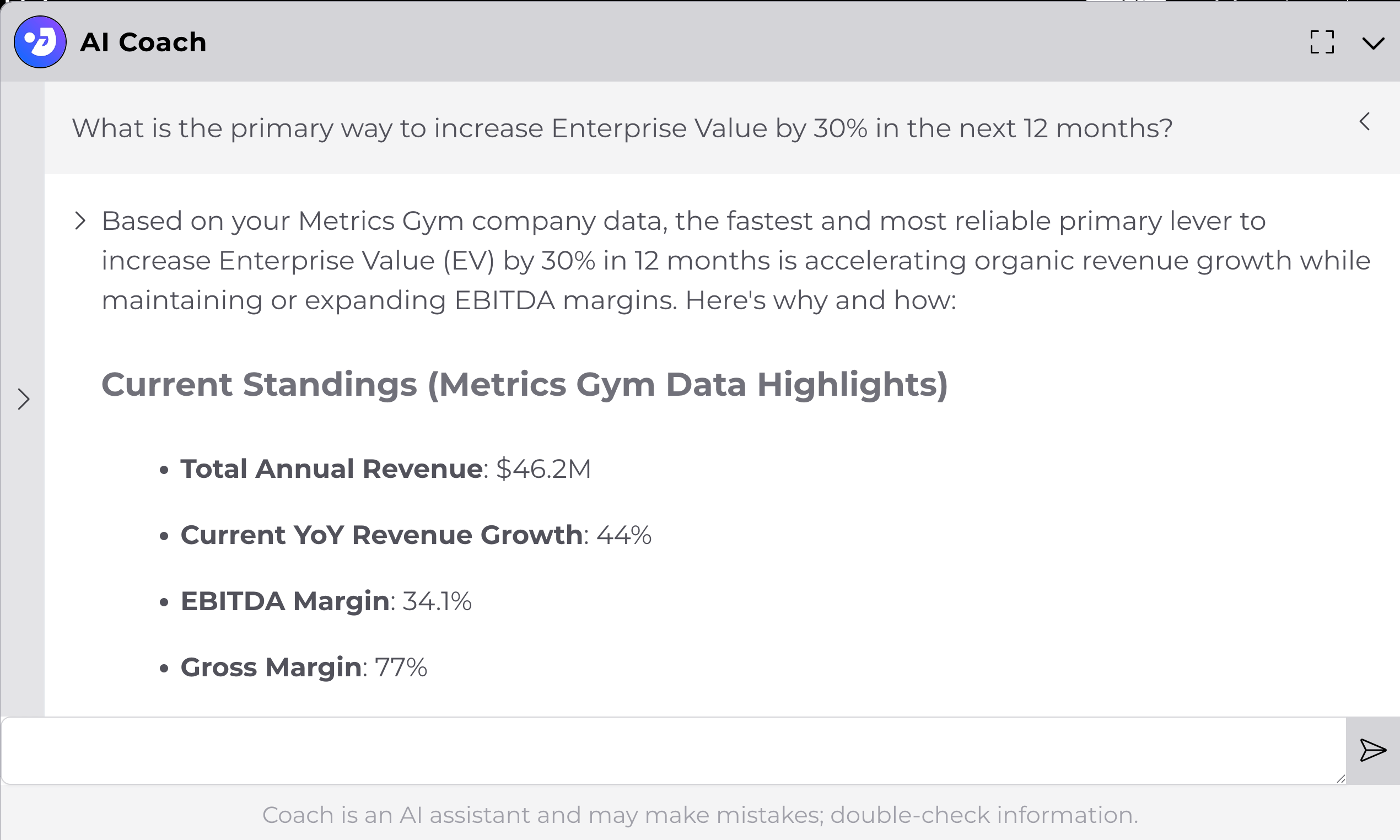 Screen of the Metrics Gym AI Coach with question and answer
