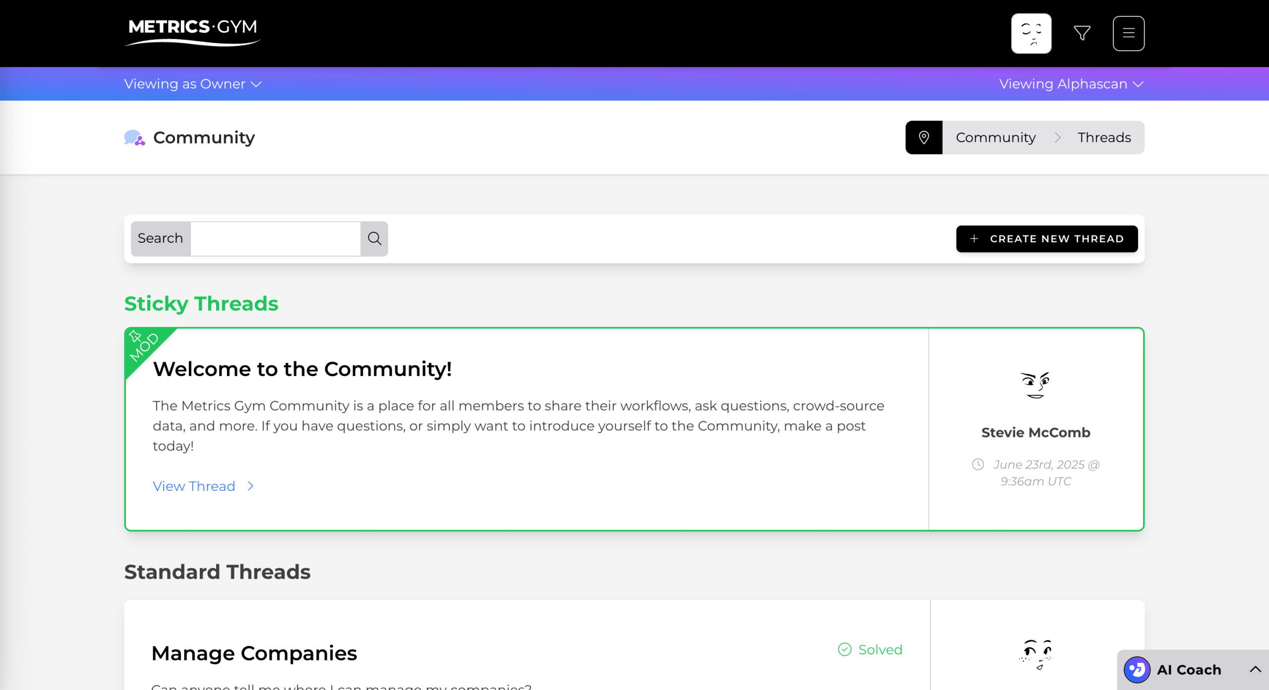 Screen of the Metrics Gym application showing the main page of the Metrics Gym Community