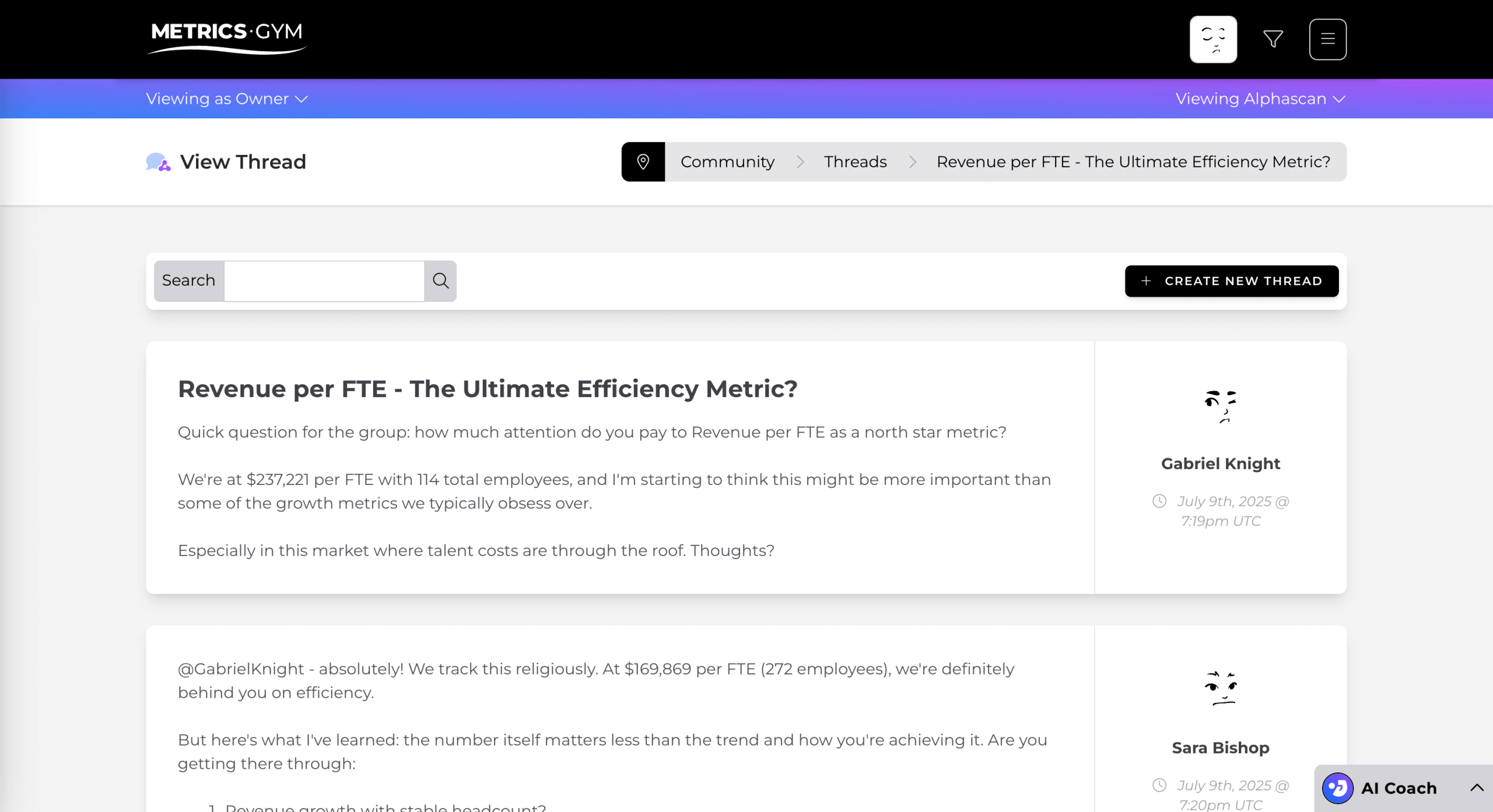 Screen of the Metrics Gym application showing a thread in the Metrics Gym Community