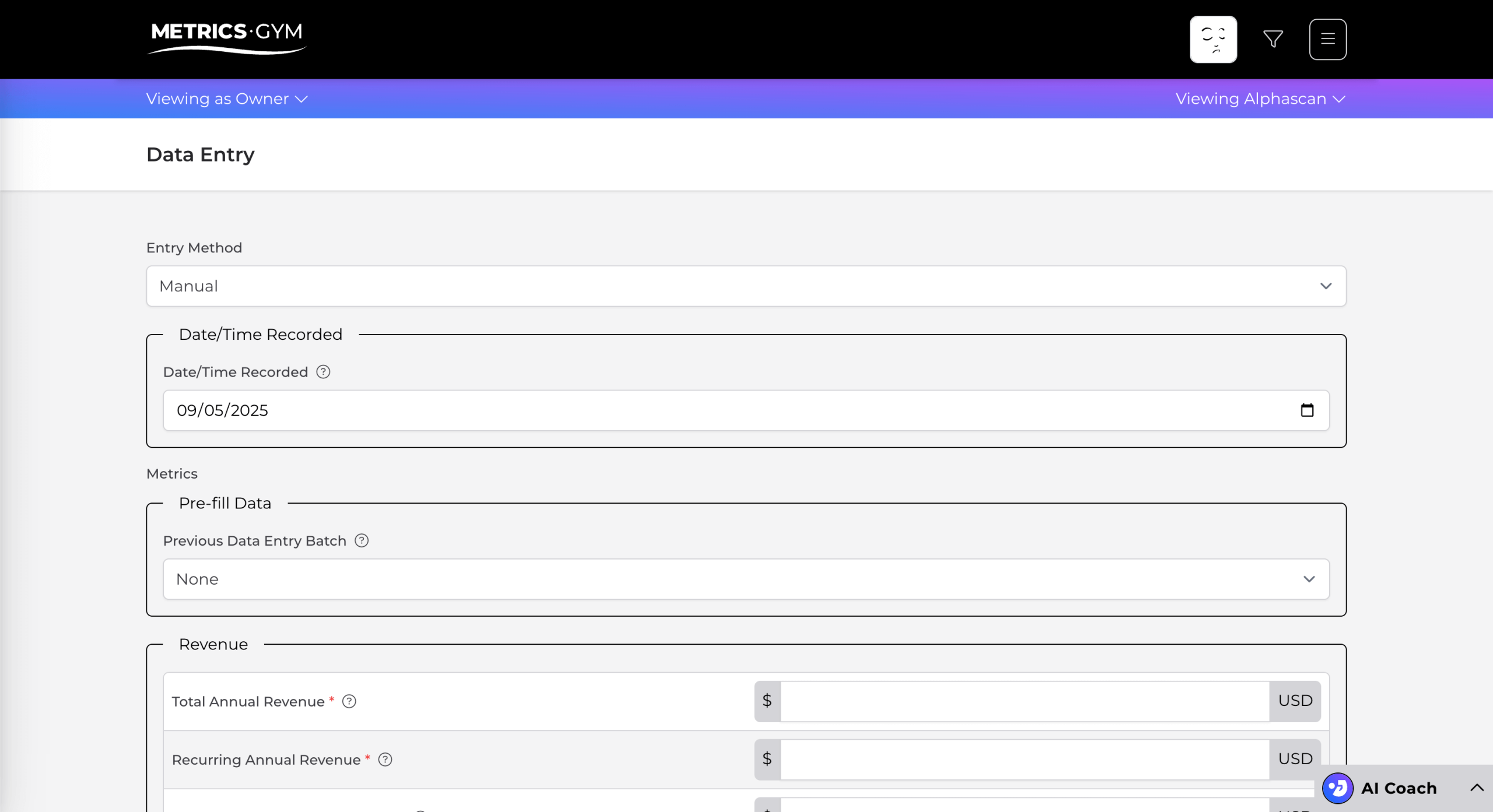 Screen of the Metrics Gym application showing the Data Entry feature