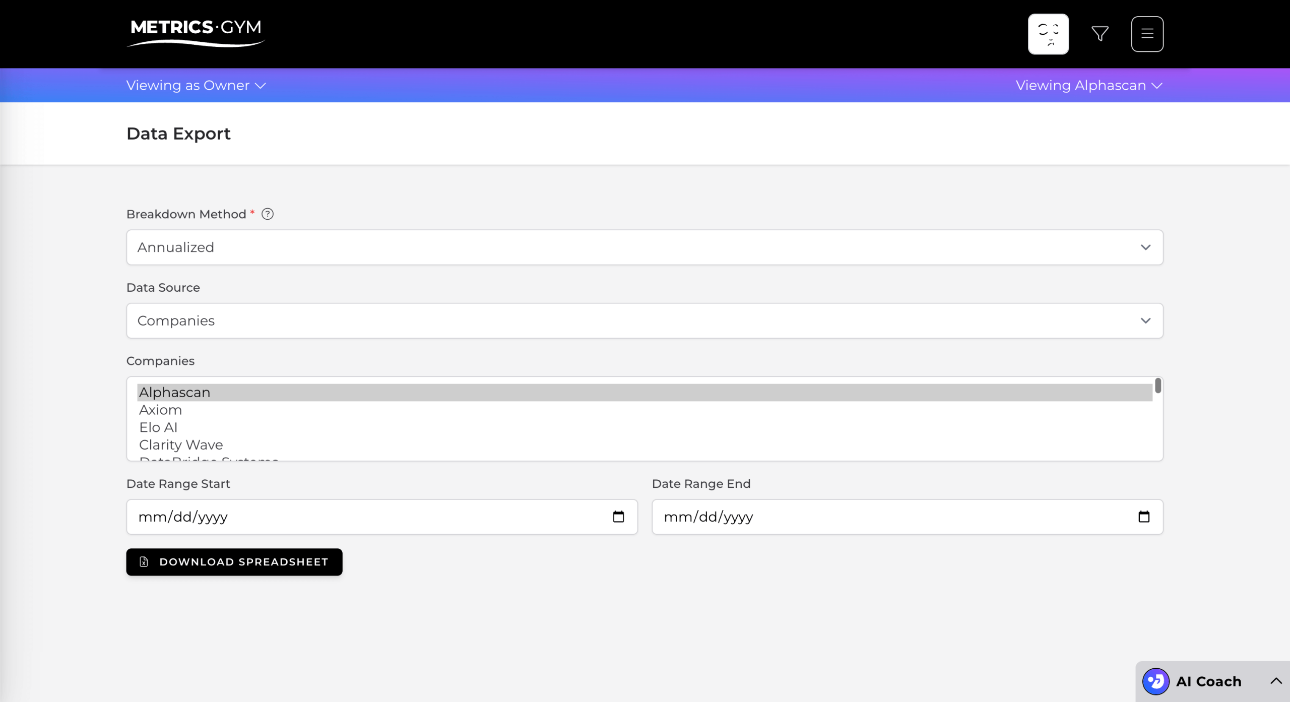 Screen of the Metrics Gym application showing the Data Export feature