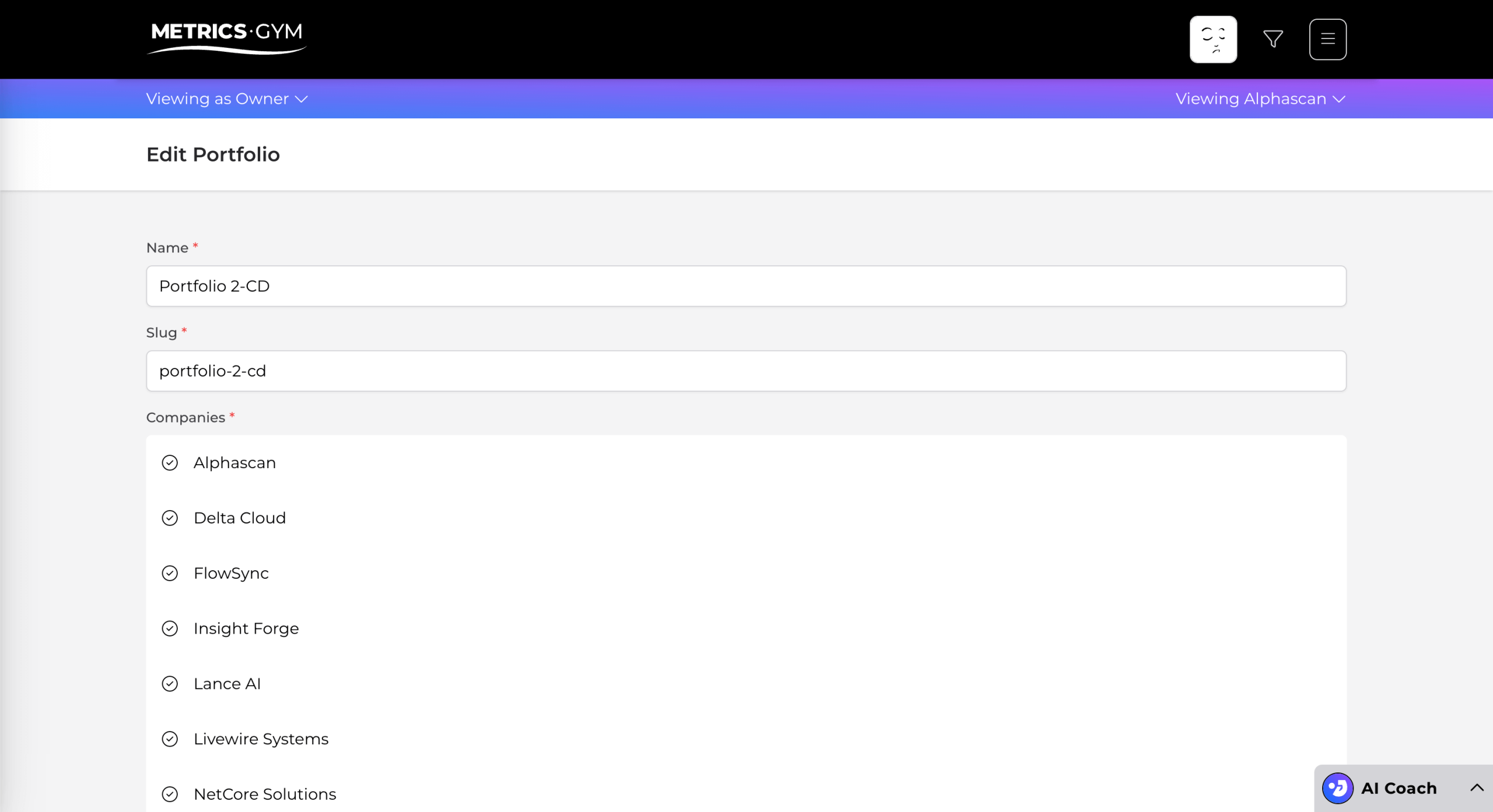 Screen of the Metrics Gym application showing the Edit Portfolio page