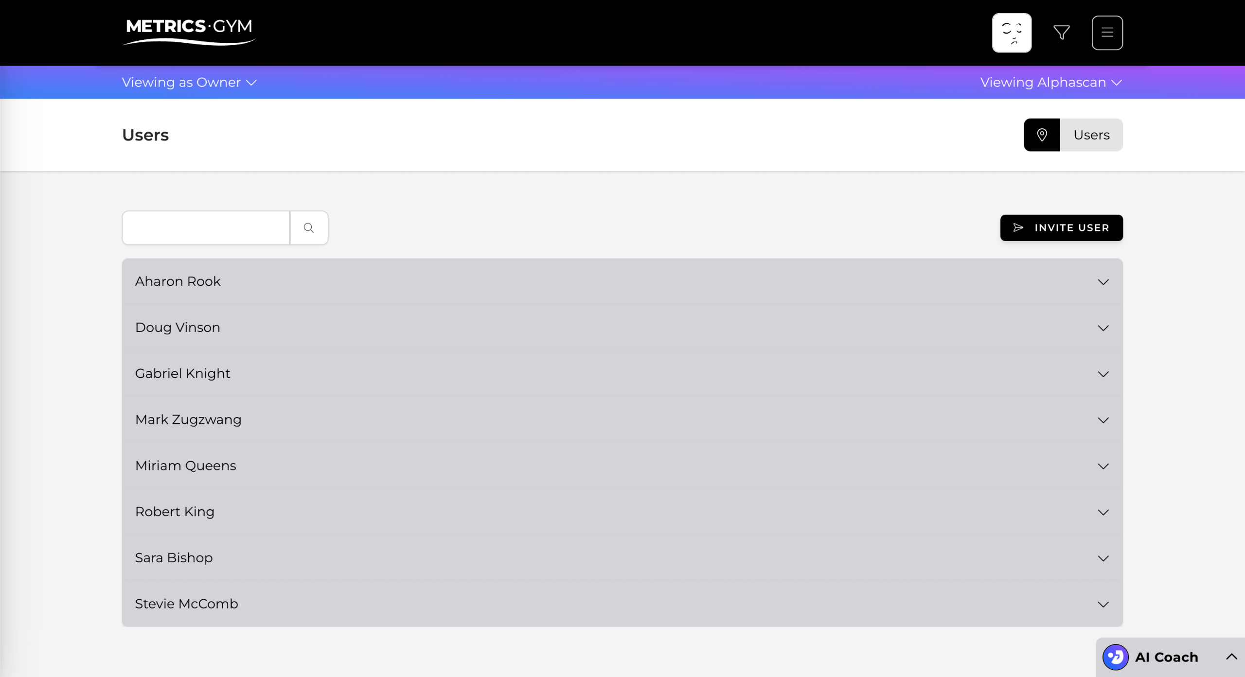 Screen of the Metrics Gym application showing the User page with a list of users